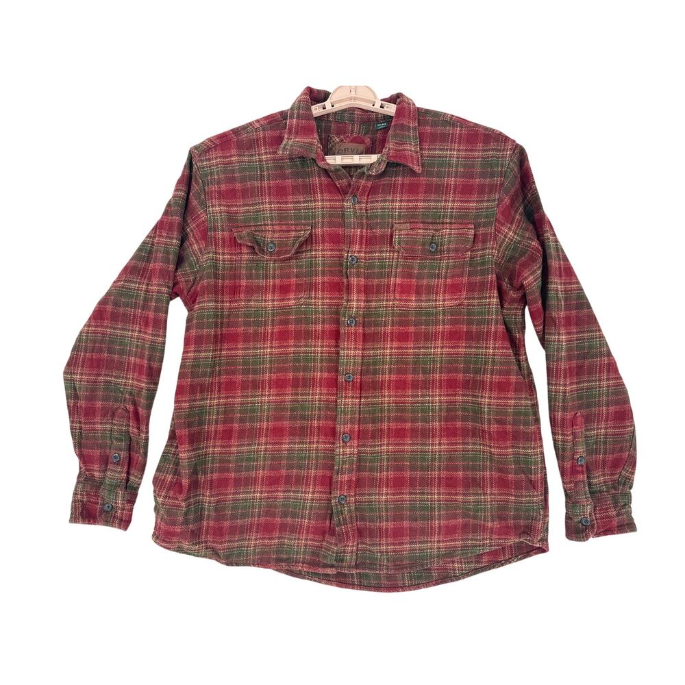 Orvis heavy flannel long sleeve shirt dark red green size XXL100% cotton